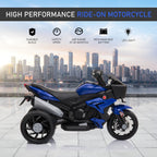 Blue and black electric ride-on motorcycle for kids with three wheels, LED lights, and a cityscape background.