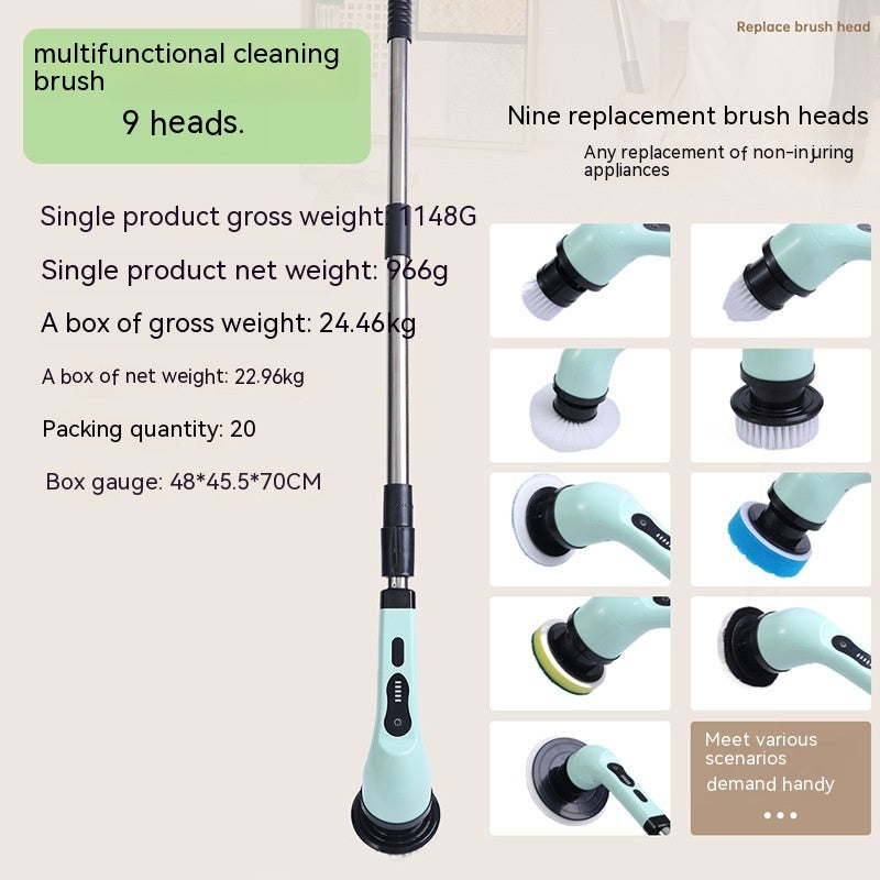 Retractable electric cleaning brush with mint green handle, stainless steel rod, and nine interchangeable brush heads.