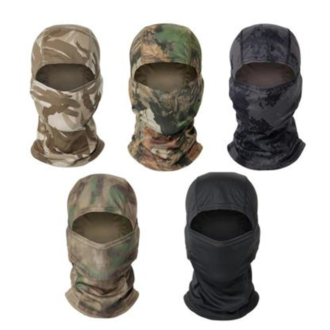 Five tactical balaclava masks in assorted camouflage patterns and solid black, made from thin, stretchable fabric.