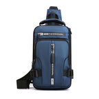 Blue multifunctional crossbody chest bag with "PROFESSIONAL" branding, multiple zipper pockets, and black buckled straps.
