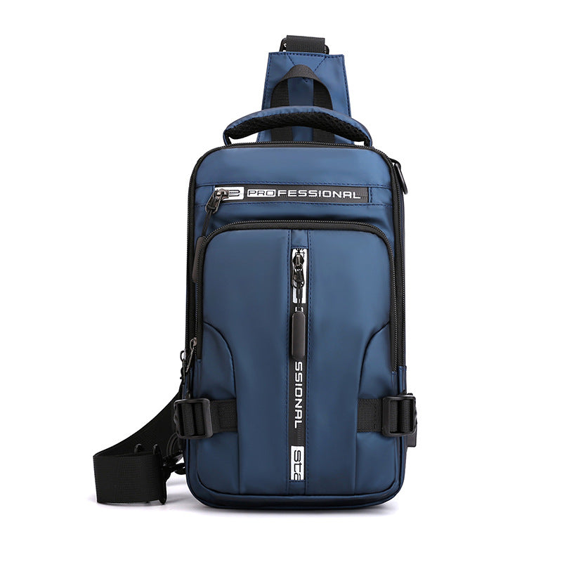 Blue multifunctional crossbody chest bag with "PROFESSIONAL" branding, multiple zipper pockets, and black buckled straps.