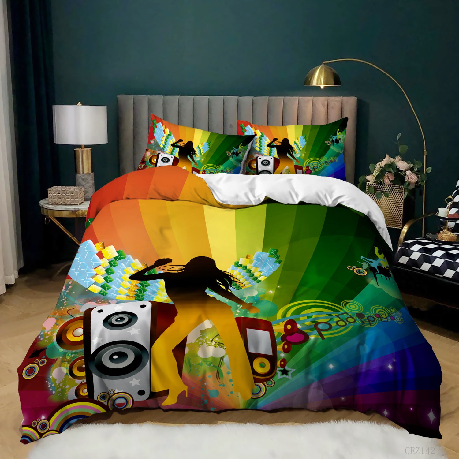 Three-piece bedding set featuring a vibrant 3D music and rainbow design with dancing silhouette and speaker graphics.