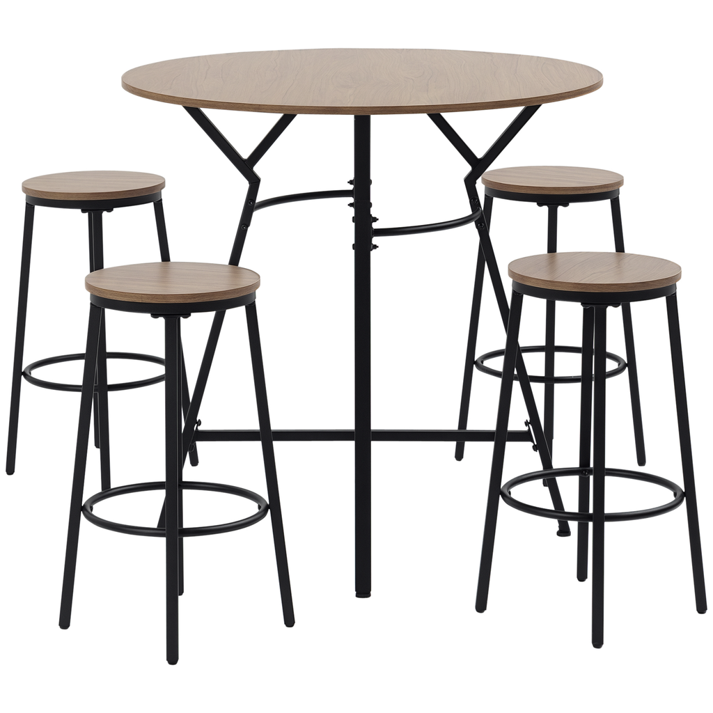 5-piece bar set with a round, wood-grain top and four matching stools on a minimalist black metal frame.