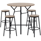 5-piece bar set with a round, wood-grain top and four matching stools on a minimalist black metal frame.