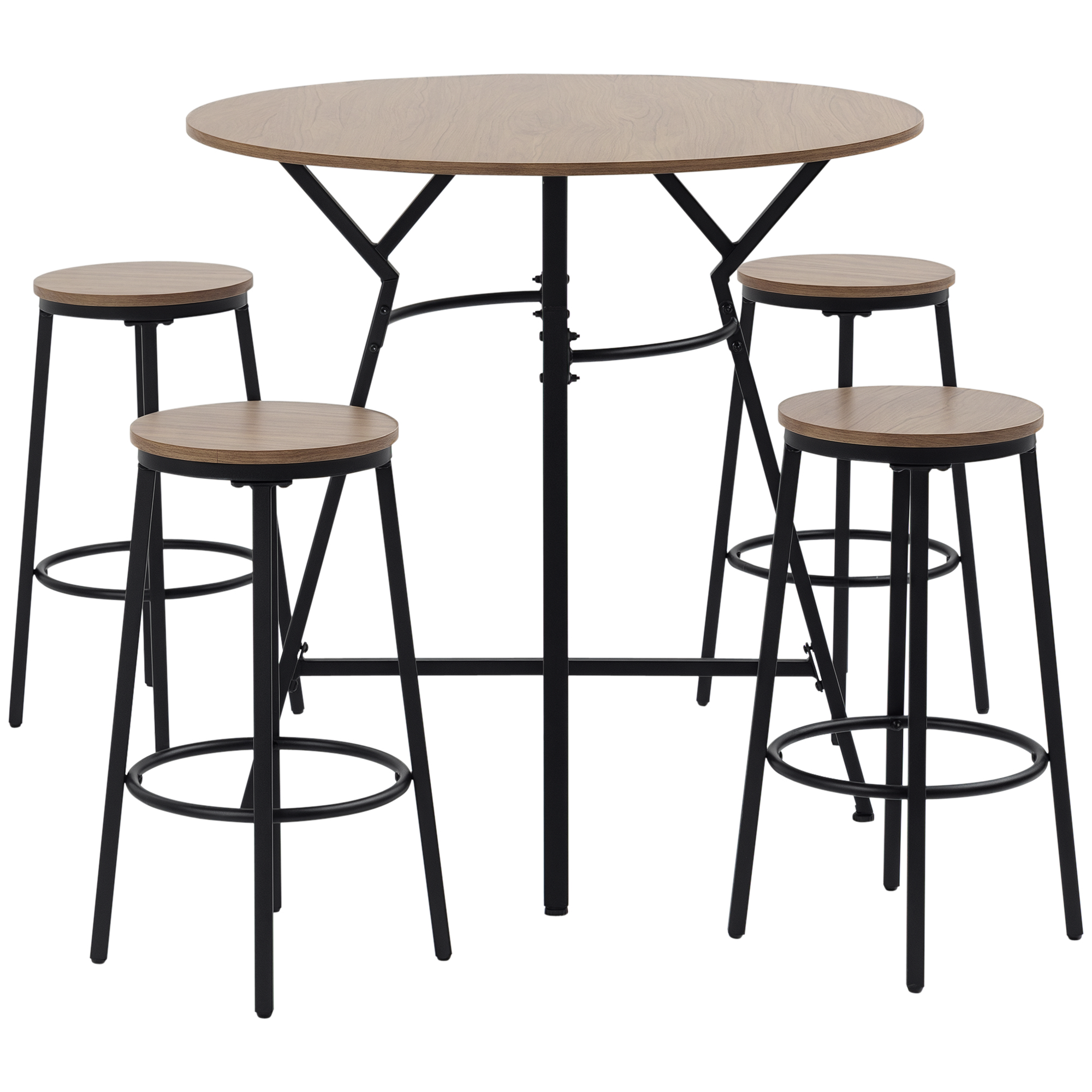 5-piece bar set with a round, wood-grain top and four matching stools on a minimalist black metal frame.