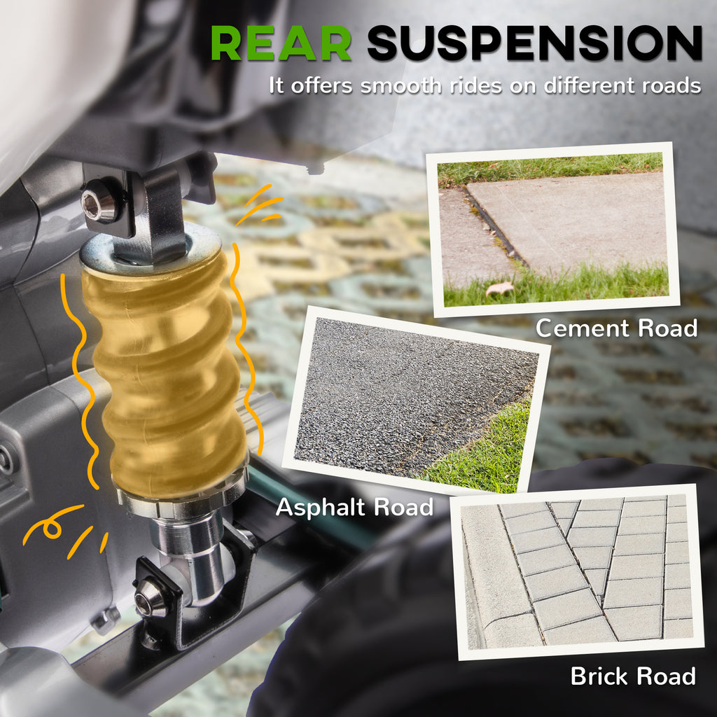 Close-up of a gold-colored rear motorcycle suspension with icons showing it works on cement, asphalt, and brick roads.