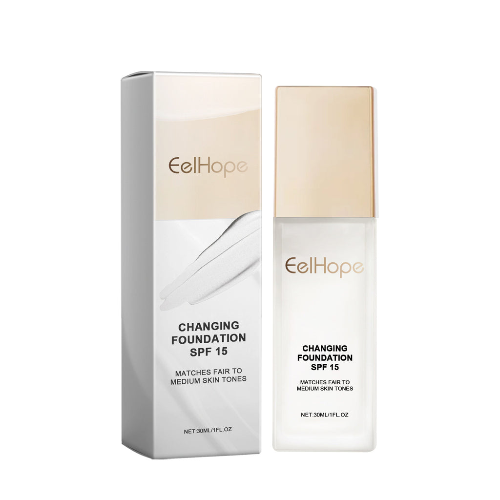 EelHope Changing Foundation SPF 15 bottle and box. White packaging with gold caps. 30ml size for fair to medium skin.