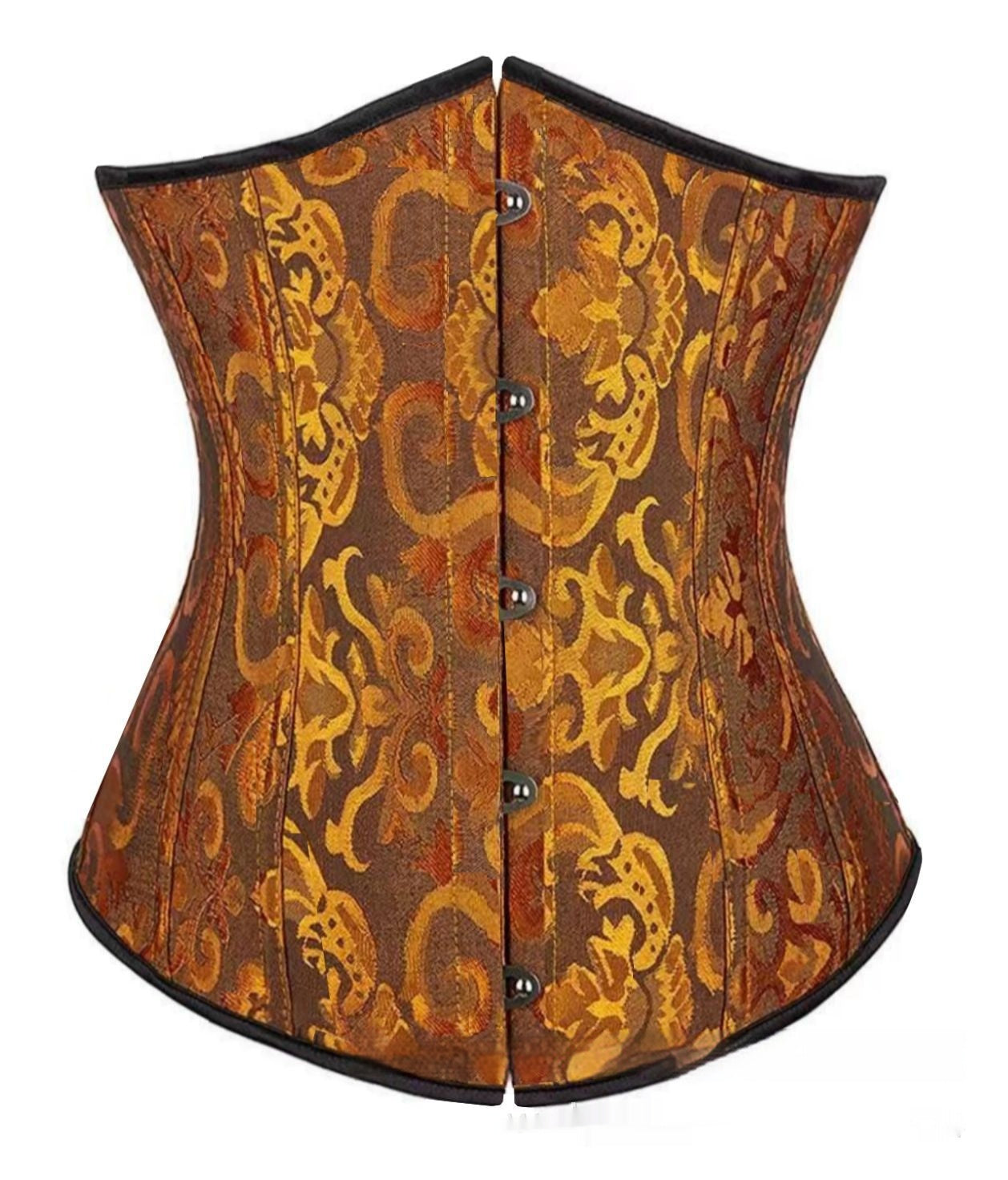 Brown and gold jacquard corset with a front busk closure and black trim.