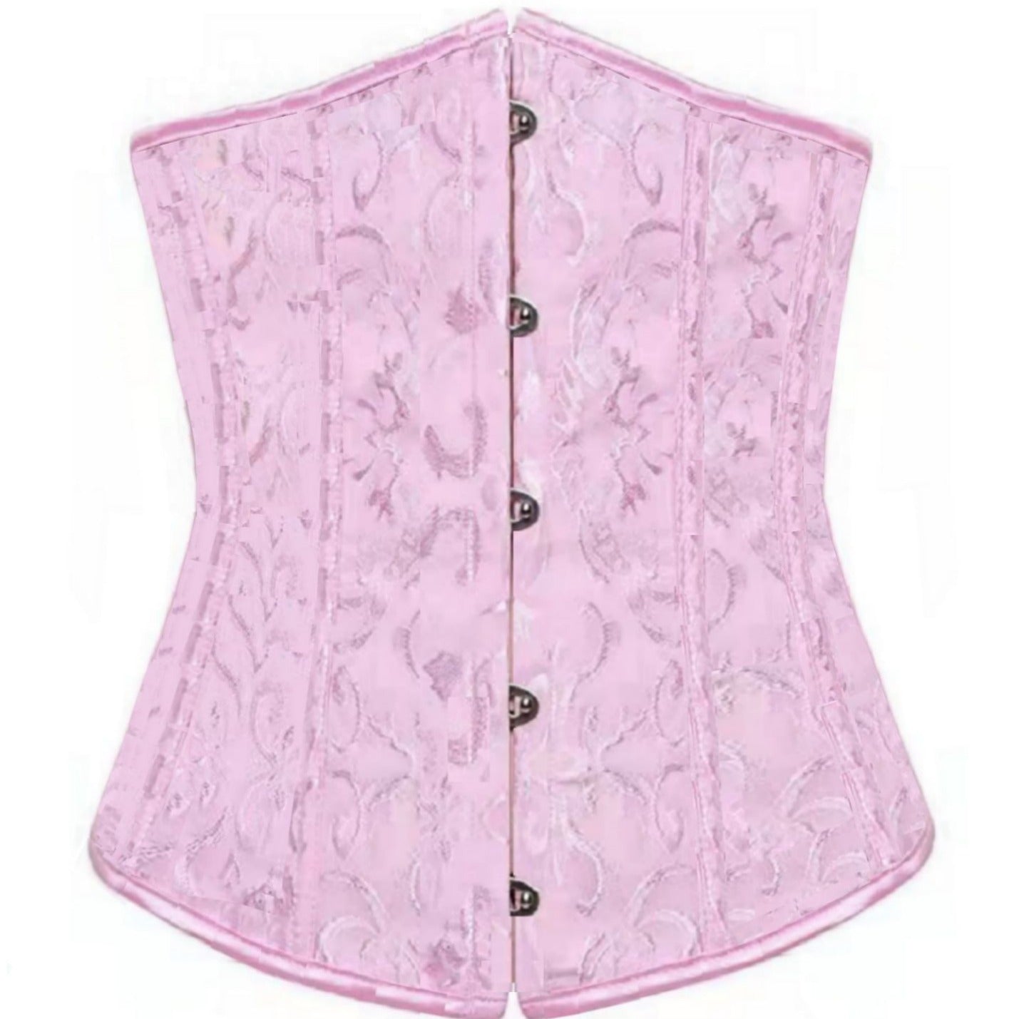 Light pink jacquard corset with ornate floral patterns and a central metal busk hook-and-eye closure.