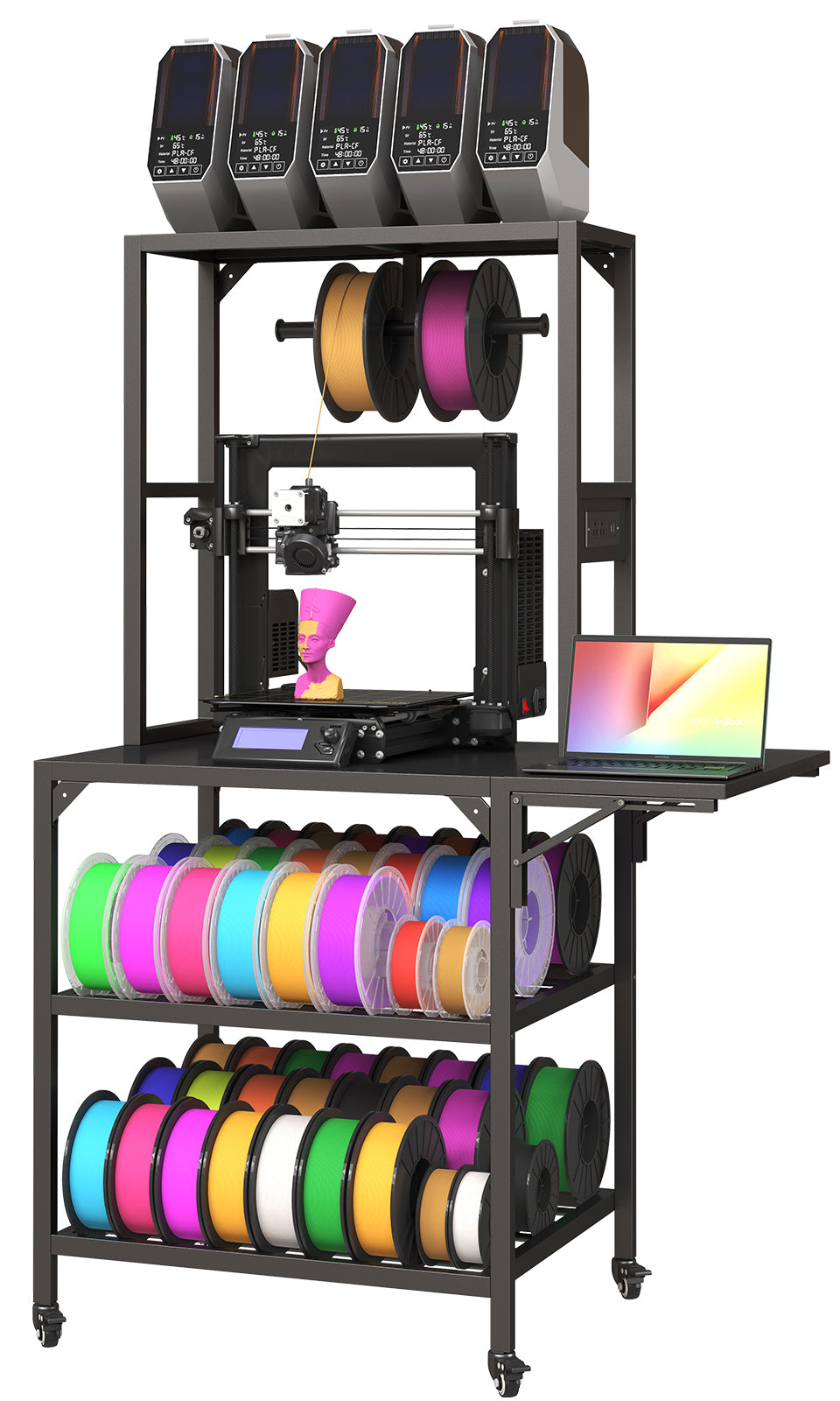 Black metal 3D printer workbench with wheels, featuring filament storage shelves, a spool rack, and side laptop desk.