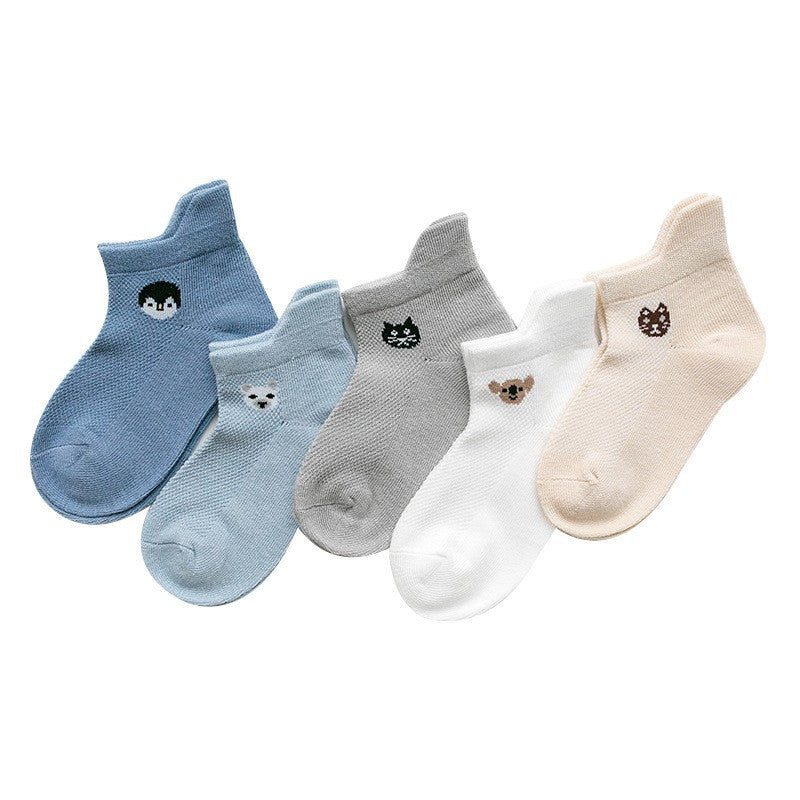 Five pairs of breathable cotton baby socks in blue, grey, white, and beige with cute embroidered animal faces.