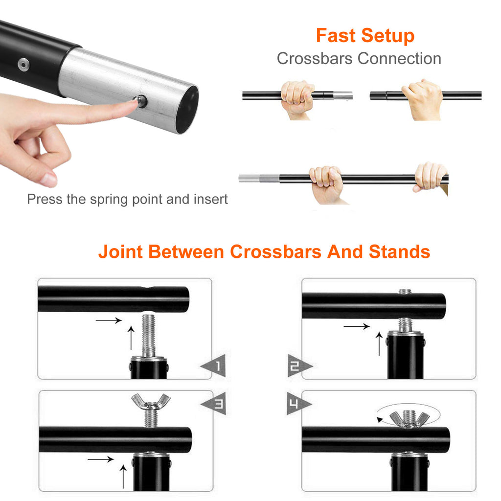 Instructions showing assembly of black metal backdrop stand crossbars and their connection to support stands.