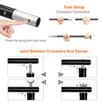 Instructions showing assembly of black metal backdrop stand crossbars and their connection to support stands.