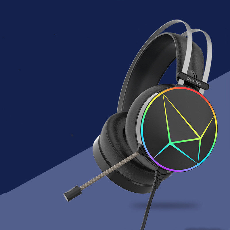 Black wired gaming headset with geometric RGB earcups, flexible boom mic, and padded headband against a blue background.