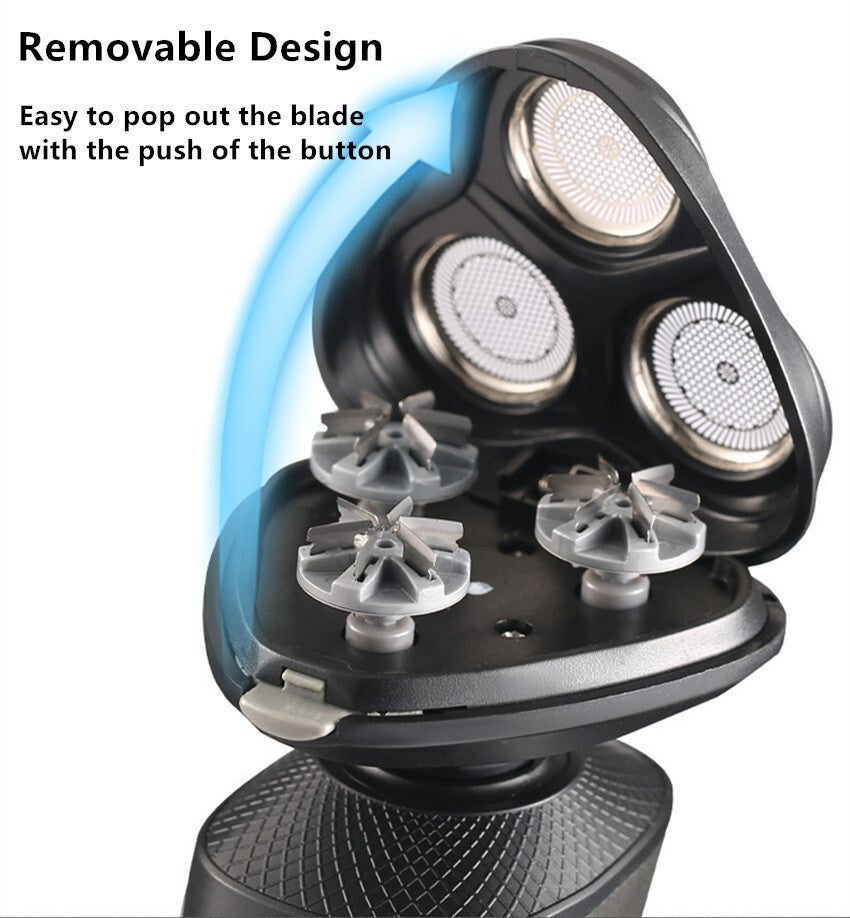 Black electric shaver head opened to show three removable gray cutting blades and metal mesh foils.