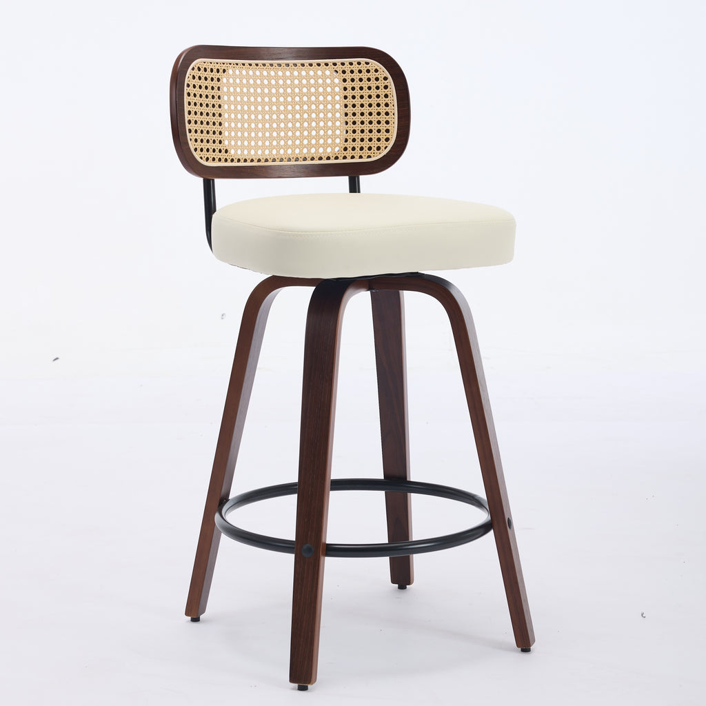 Walnut swivel counter stool with cane back, beige upholstered seat, and black circular footrest on white background.