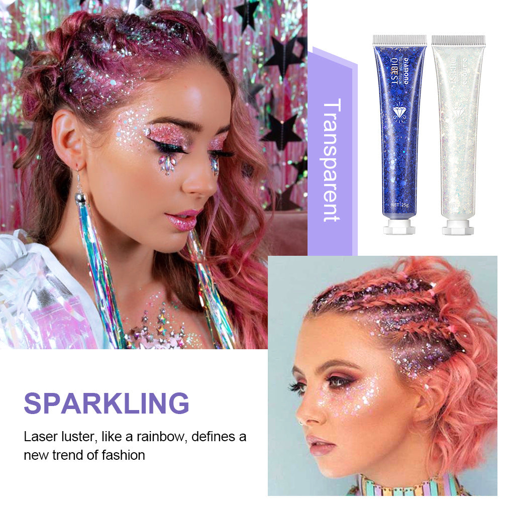Two tubes of colorful, iridescent face and body glitter gel for stage makeup, shown on models with sparkling looks.