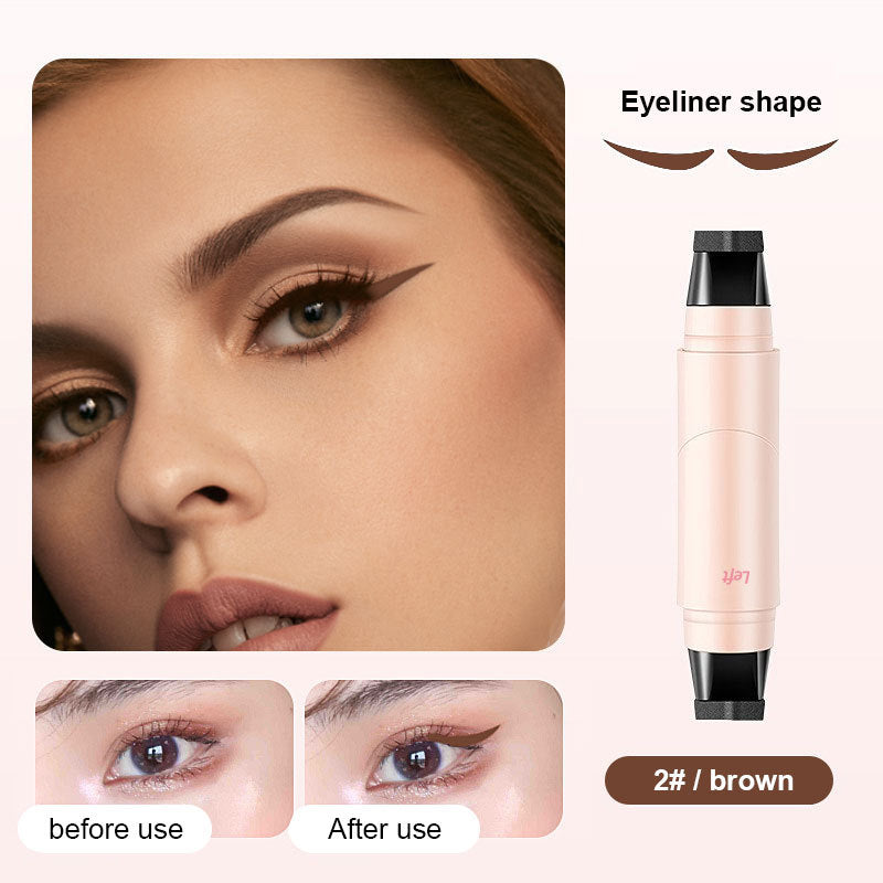 Digitaldistribution375 brown double-ended eyeliner stamp pen shown with a before-and-after demo on a model.