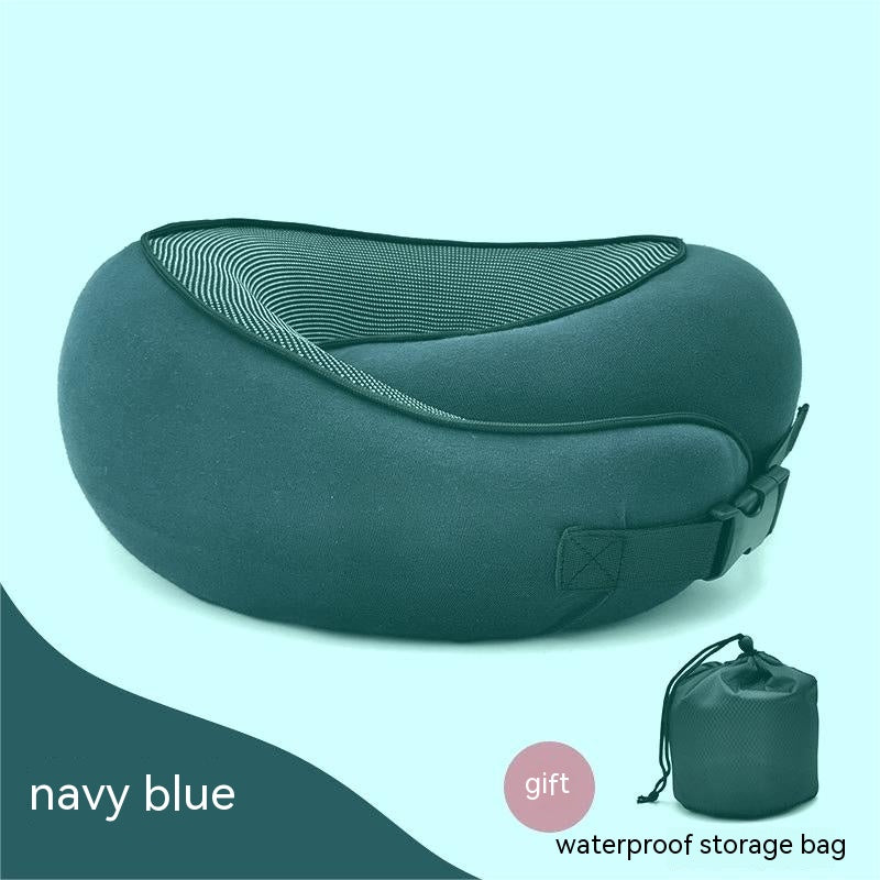 Navy blue cervical neck pillow with breathable mesh center, adjustable buckle, and matching waterproof storage bag.