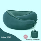Navy blue cervical neck pillow with breathable mesh center, adjustable buckle, and matching waterproof storage bag.
