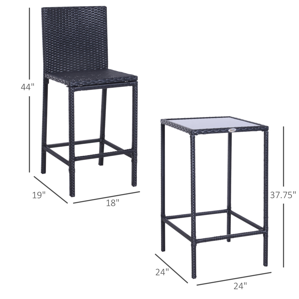 Black rattan bar set with one glass-top table and two stools, labeled with dimensions on a plain white background.
