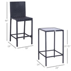 Black rattan bar set with one glass-top table and two stools, labeled with dimensions on a plain white background.