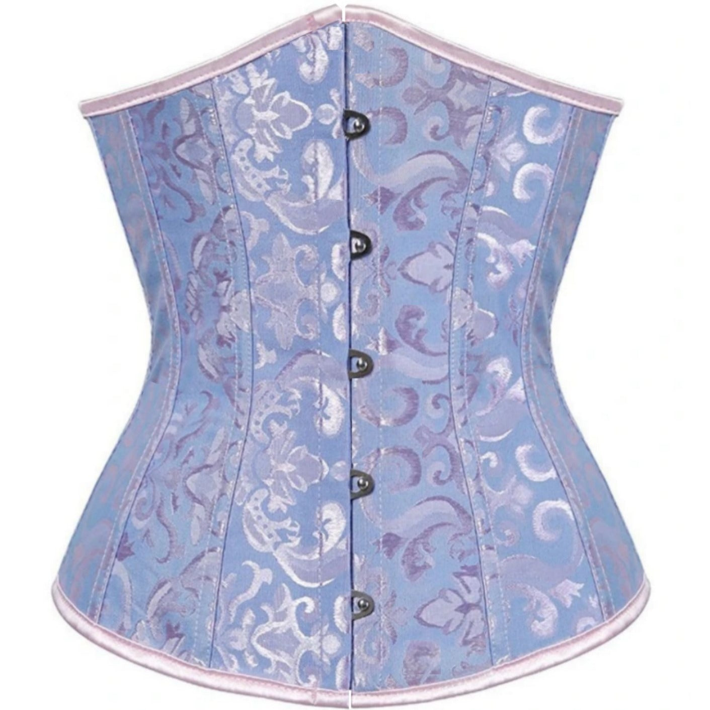 Periwinkle blue jacquard corset with floral patterns, light pink trim, and a front metal busk closure.