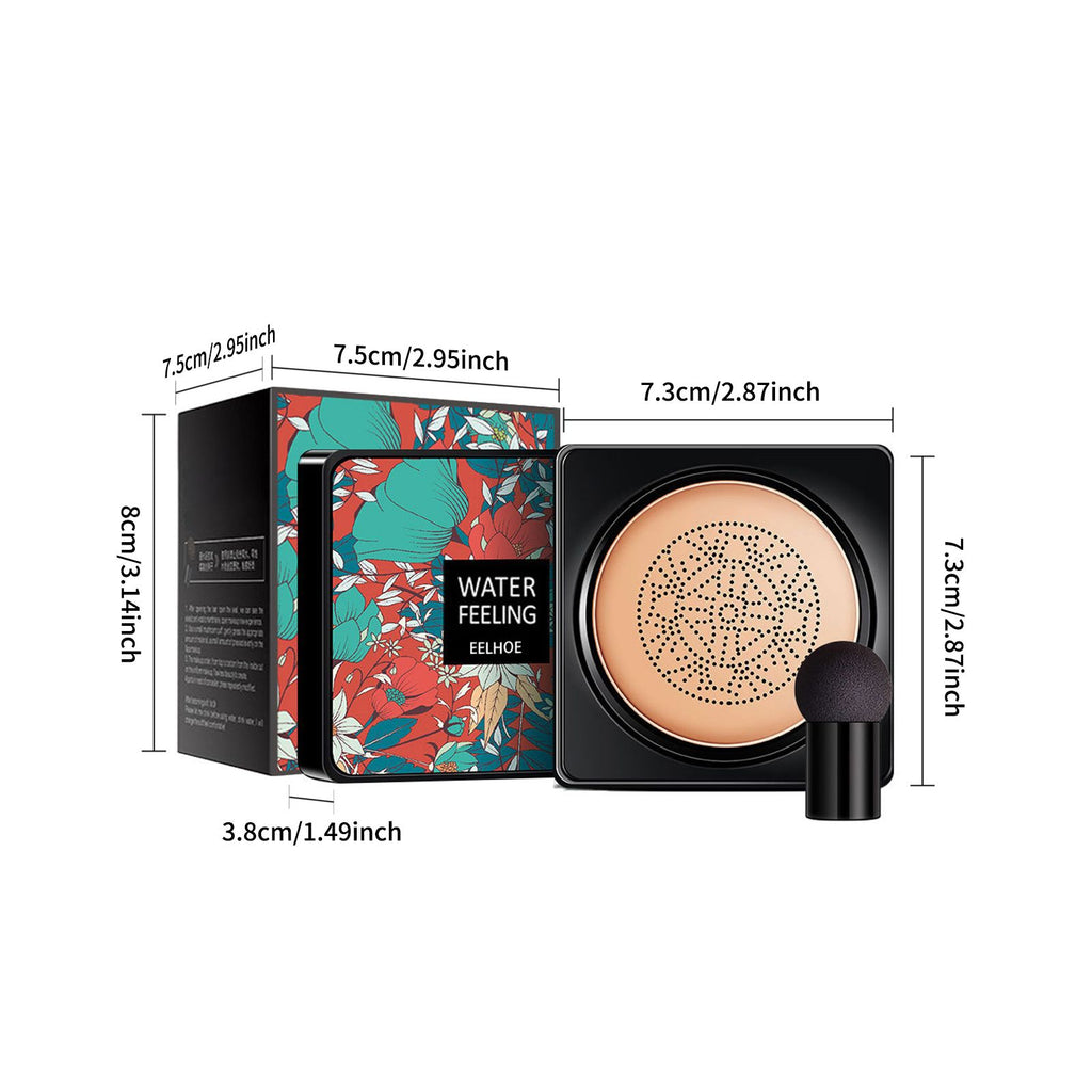 EELHOE BB cream cushion set with black case, floral box, and mushroom sponge applicator. Includes product dimensions.