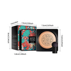 EELHOE BB cream cushion set with black case, floral box, and mushroom sponge applicator. Includes product dimensions.