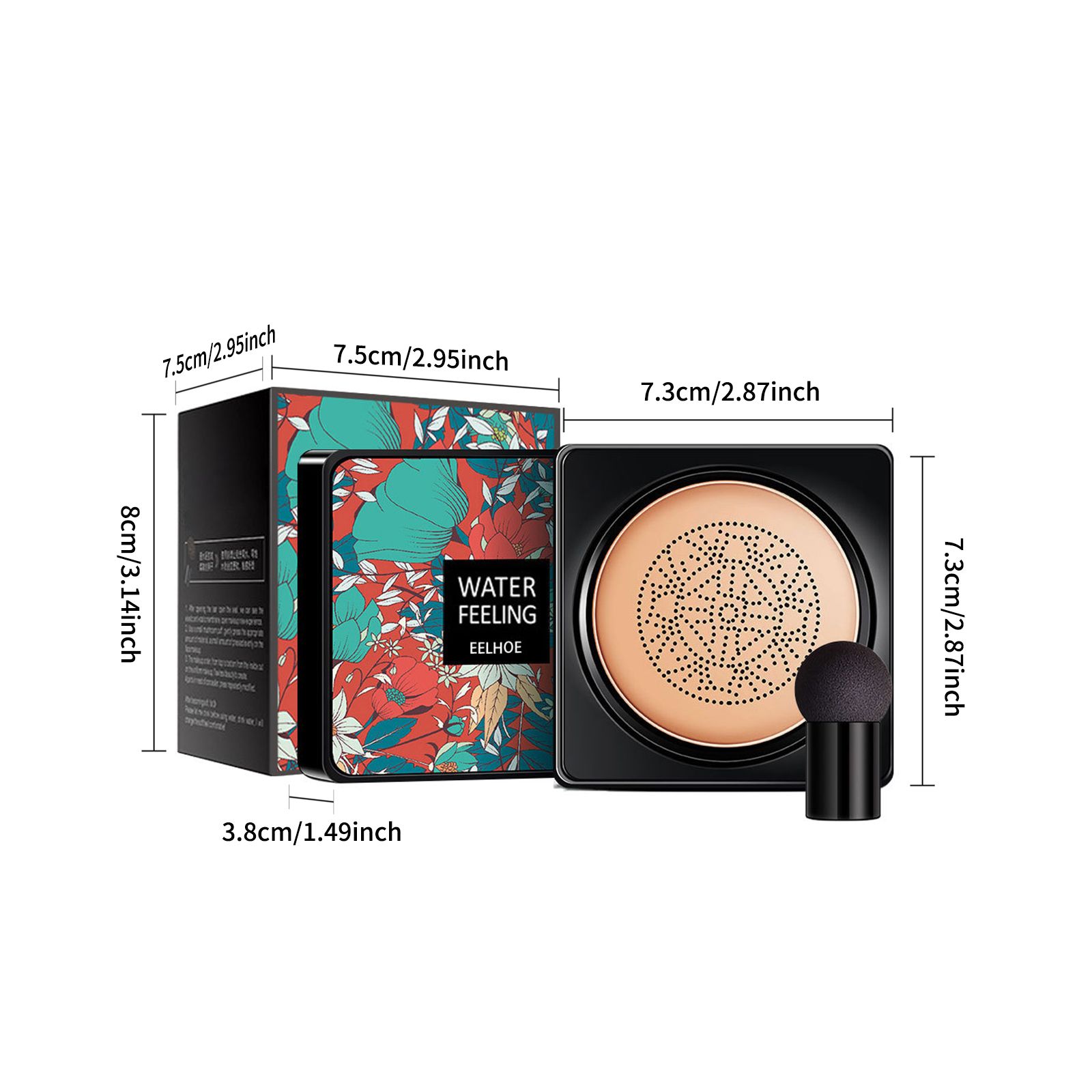 EELHOE BB cream cushion set with black case, floral box, and mushroom sponge applicator. Includes product dimensions.