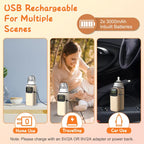 Beige USB-rechargeable portable bottle warmer with digital temperature display, shown in home, travel, and car settings.