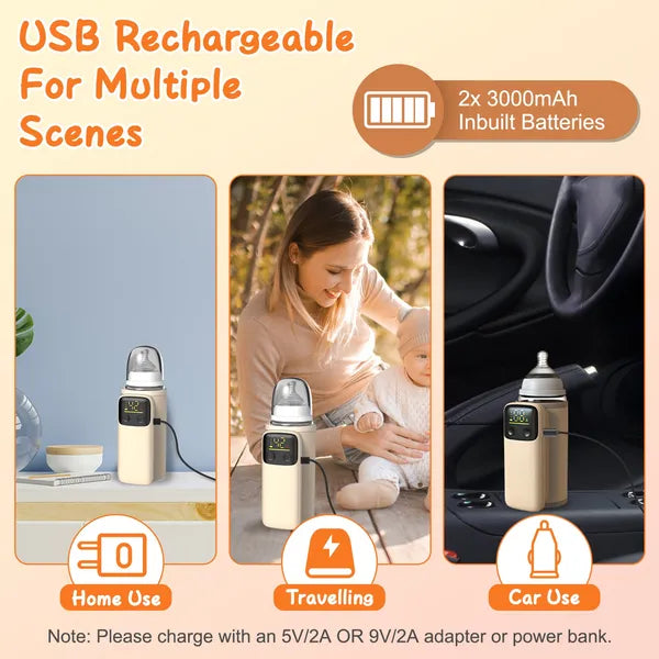 Beige USB-rechargeable portable bottle warmer with digital temperature display, shown in home, travel, and car settings.