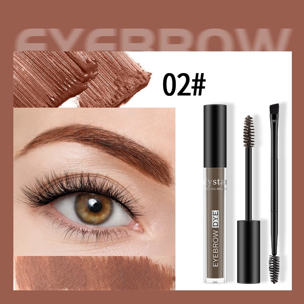 Brown eyebrow dye tube with spoolie and angled brush, showing applied swatch and natural eyebrow makeup effect.