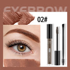 Brown eyebrow dye tube with spoolie and angled brush, showing applied swatch and natural eyebrow makeup effect.