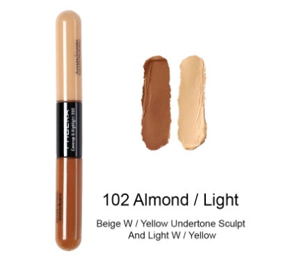 Digitaldistribution375 dual-ended concealer stick with light and dark beige shades, shown with matching product swatches.