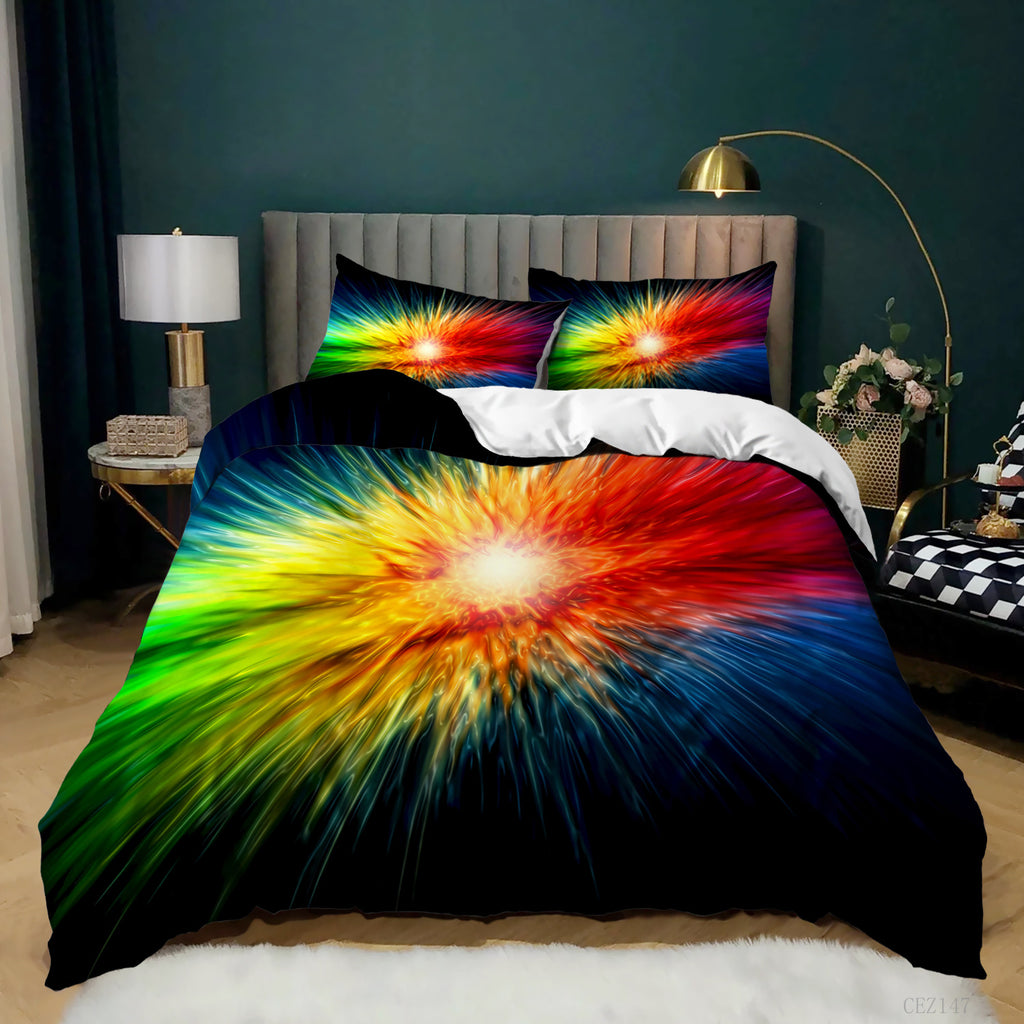 Three-piece bedding set featuring a vibrant 3D radial rainbow burst print on a black background, styled in a bedroom.