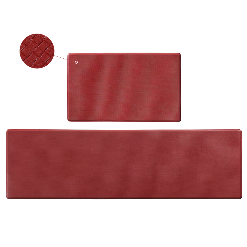 Two-piece red kitchen floor mat set with a textured, waterproof, non-slip surface and zoomed-in weave detail.