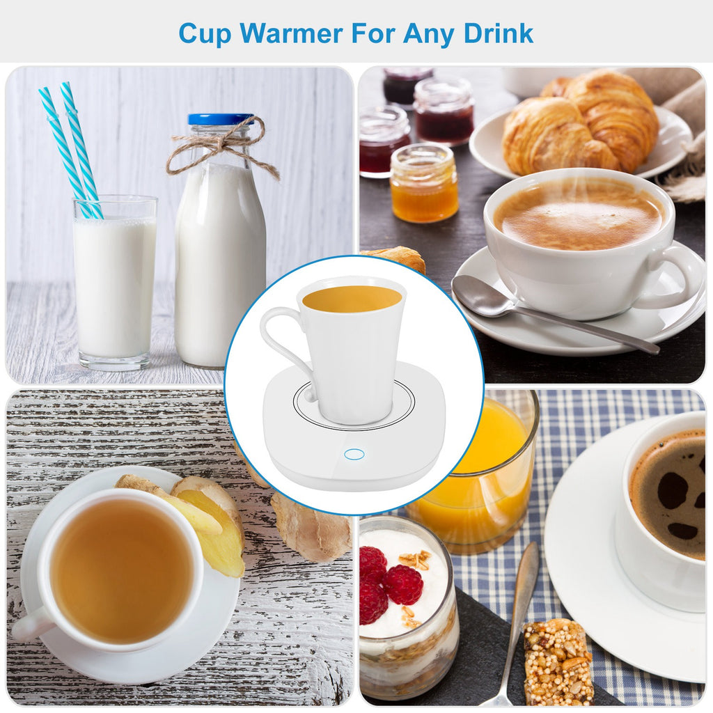 White electric mug warmer pad with a central heating surface and indicator light, shown with a mug of coffee.
