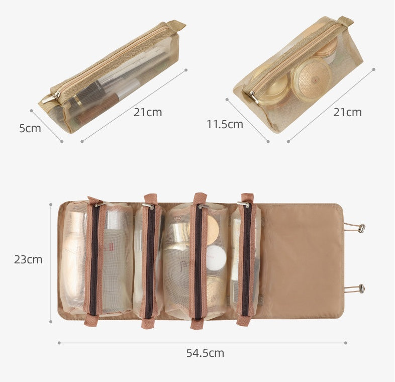 Beige 4-in-1 travel storage bag featuring detachable mesh compartments with zippered closures for toiletries and makeup.