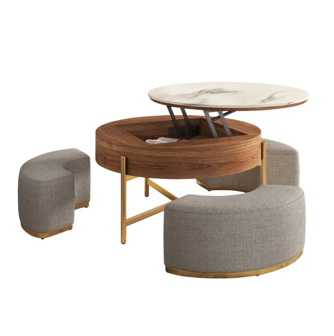 Lift-top round coffee table with marble-look top, wood storage base, gold legs, and three gray fabric nesting stools.