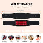Black red light therapy belt with control panel, showing exterior and interior red LEDs with usage examples below.