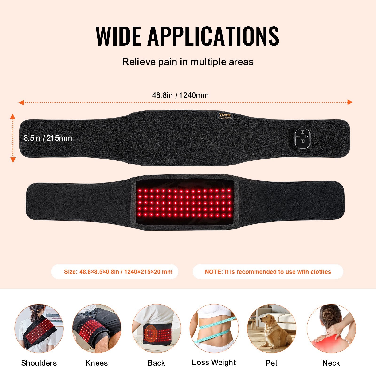 Black red light therapy belt with control panel, showing exterior and interior red LEDs with usage examples below.