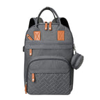 Charcoal gray stroller backpack with tan leather accents, quilted front panel, and a small matching detachable pouch.