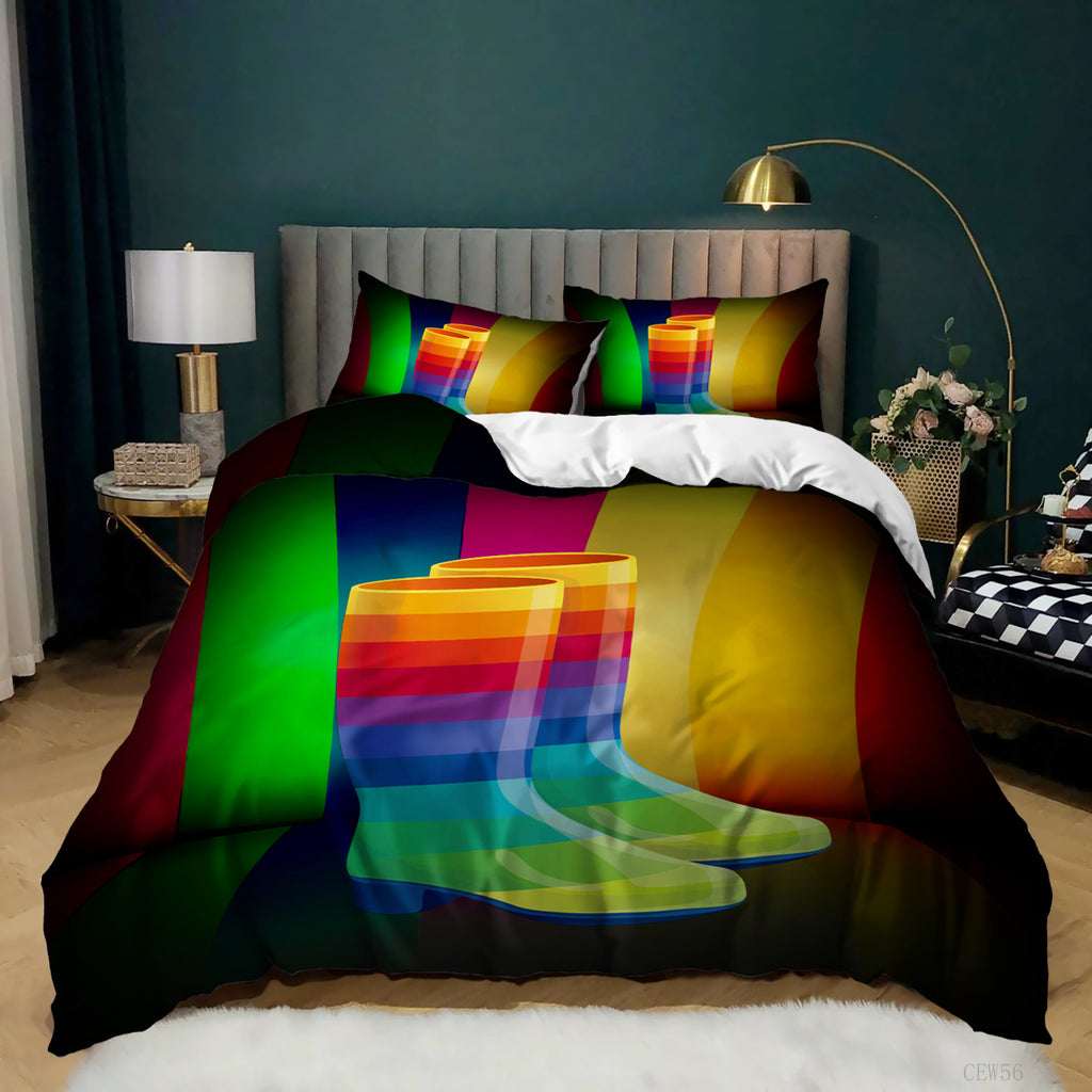 3D-printed bedding set featuring a rainbow-striped rain boot design on a vibrant, multi-colored background.