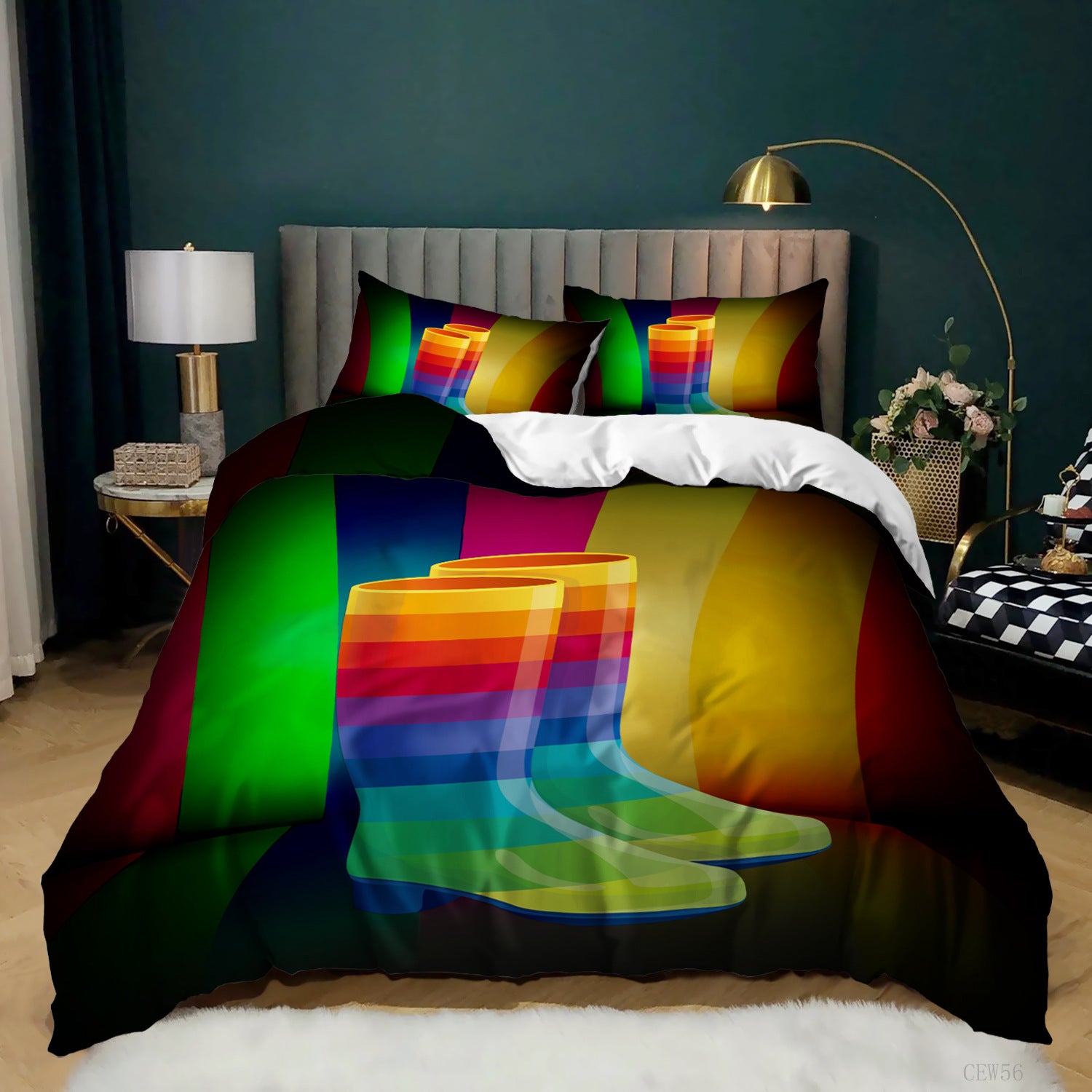 3D-printed bedding set featuring a rainbow-striped rain boot design on a vibrant, multi-colored background.