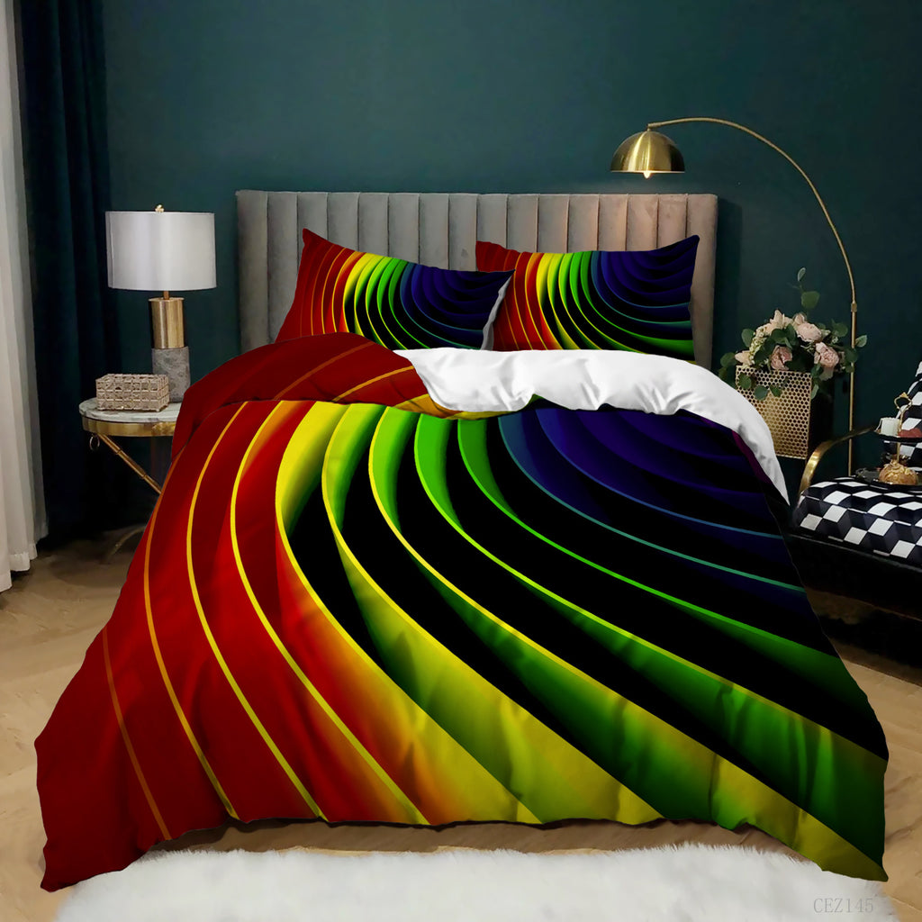 3-piece bedding set featuring a vibrant 3D rainbow swirl pattern with deep black shadows, set on a modern bed.