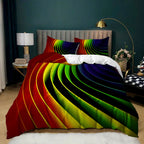 3-piece bedding set featuring a vibrant 3D rainbow swirl pattern with deep black shadows, set on a modern bed.