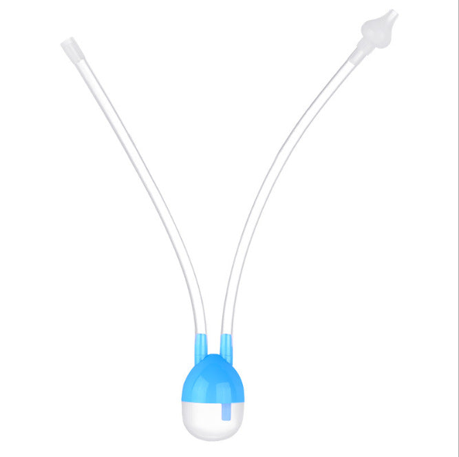 Blue and white manual nasal aspirator with two clear silicone tubes and a nose-shaped suction tip on a white background.