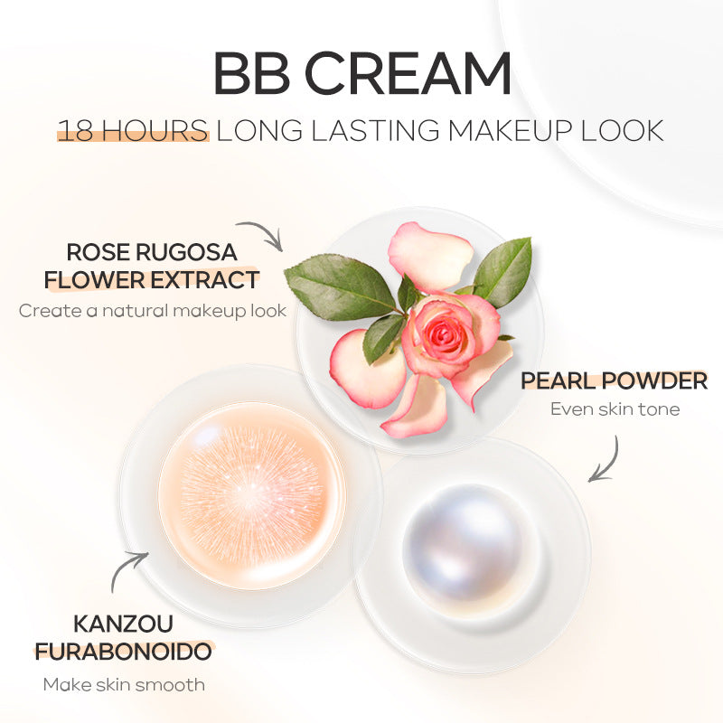 Digitaldistribution375 BB cream ad showing rose extract, pearl powder, and kanzou for a 18-hour natural makeup look.