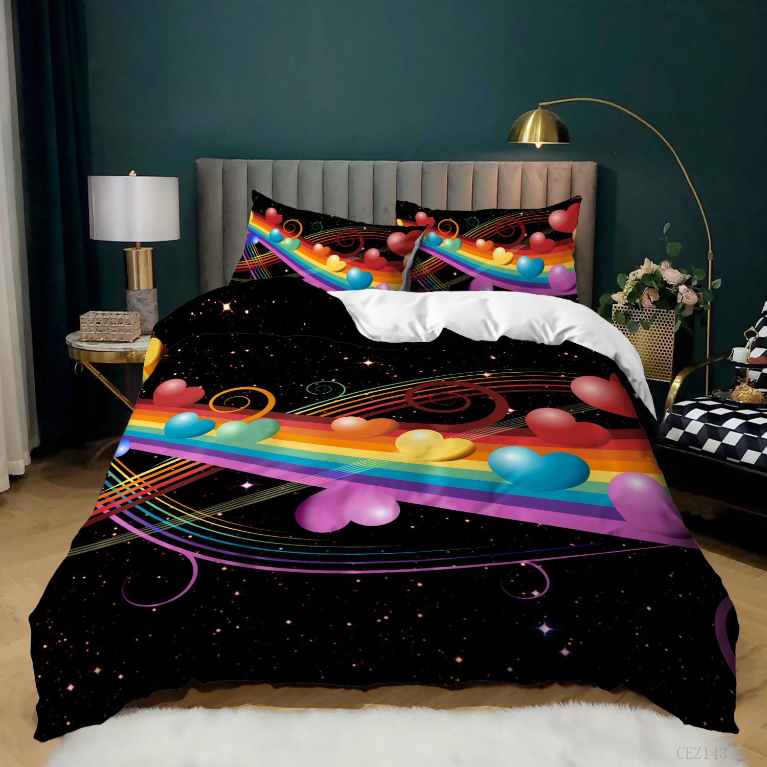 3D-print duvet set featuring colorful hearts and rainbow arcs on a black space-themed background. Three-piece bedding.